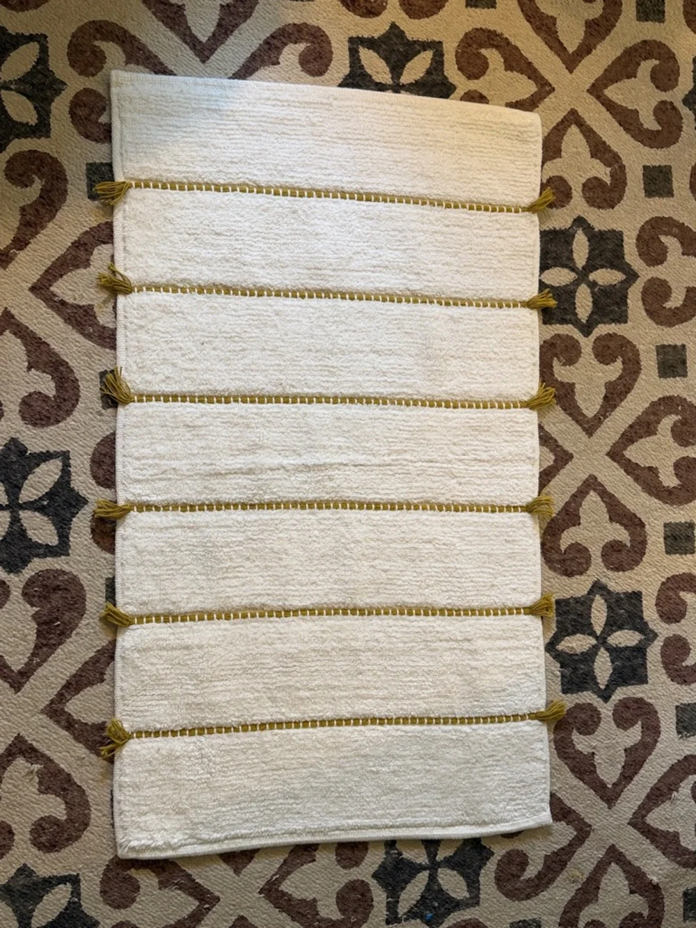 West Elm Tassel Stripe Bath Mat - Cream with Mustard Stripe 20 x 34 inches